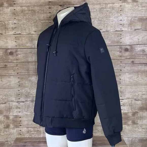 Kenneth Cole Mens Hooded‎ Puffer Jacket Black Double Zip Bib Bomber Coat KC NEW